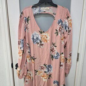 Paisley Raye Pink Floral Boho Dress 1X | Long Sleeve Pockets Back Cutout